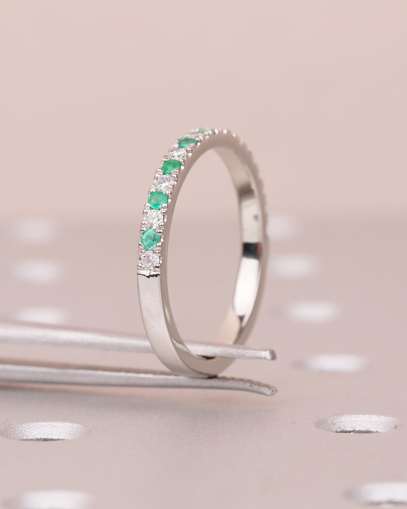 Emerald Diamond Wedding Band Women, Platinum Half Eternity Ring, Dainty Wedding Band, Green Gemstone Jewelry, Unique May Birthstone Rings image #6