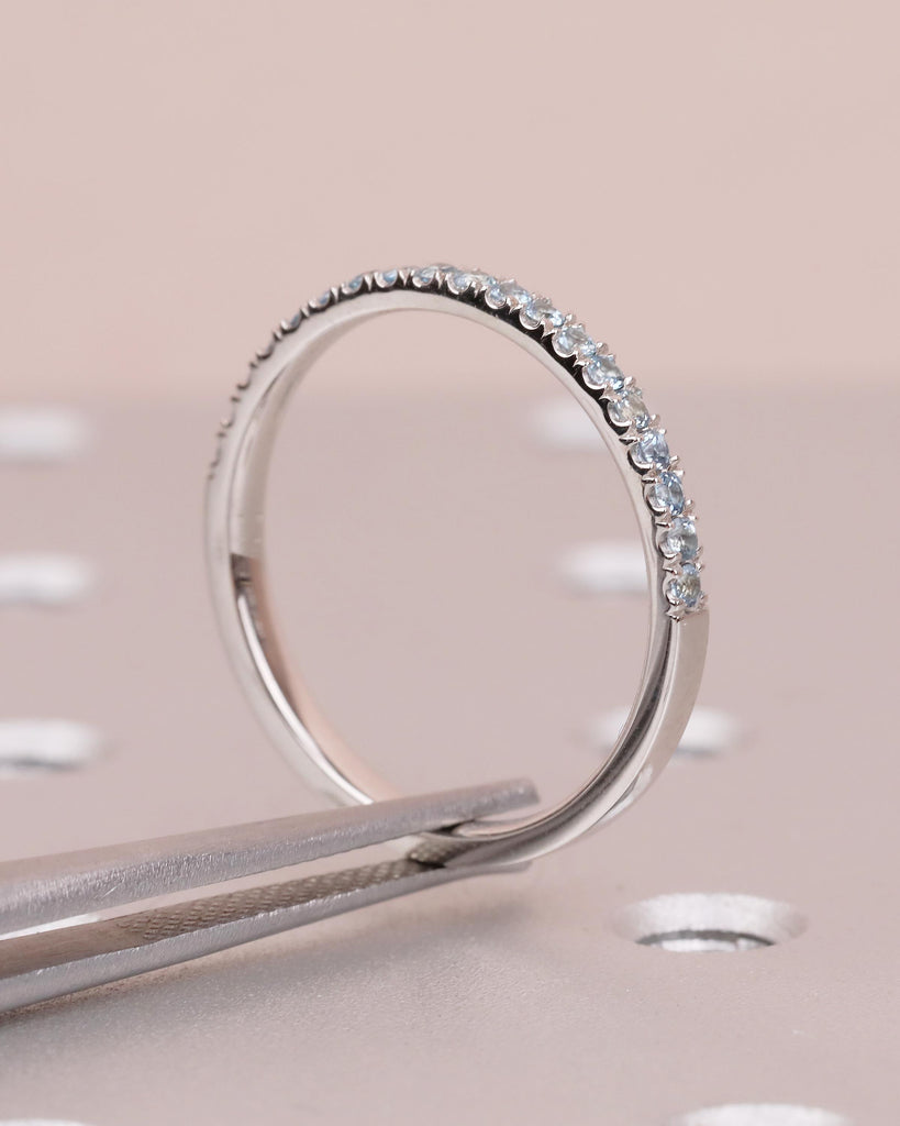 18k Solid Gold Stackable Ring, Aquamarine Half Eternity Wedding Band, Gemstone Ring image #10