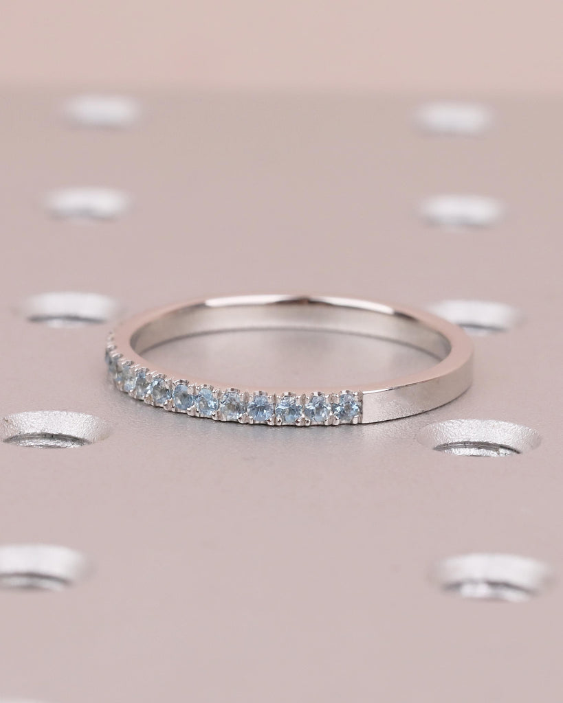 18k Solid Gold Stackable Ring, Aquamarine Half Eternity Wedding Band, Gemstone Ring image #4