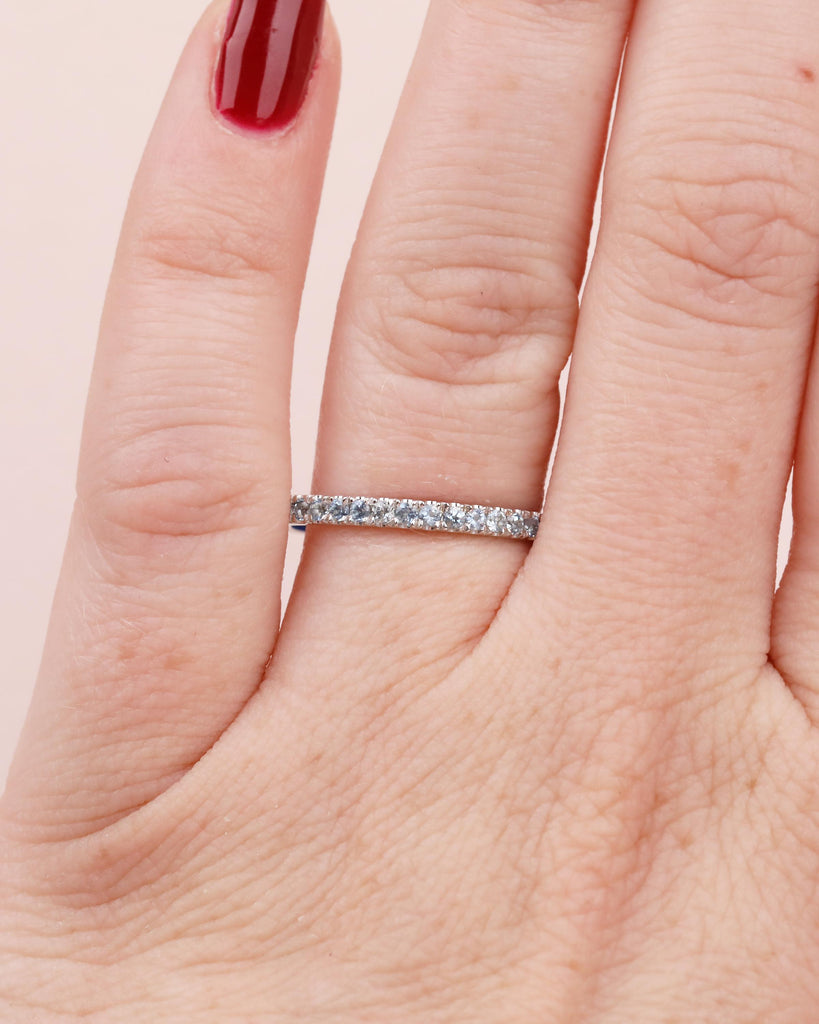 18k Solid Gold Stackable Ring, Aquamarine Half Eternity Wedding Band, Gemstone Ring image #12