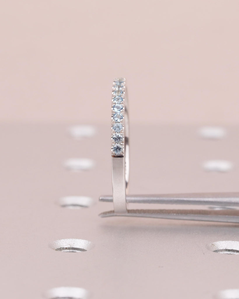 18k Solid Gold Stackable Ring, Aquamarine Half Eternity Wedding Band, Gemstone Ring image #7