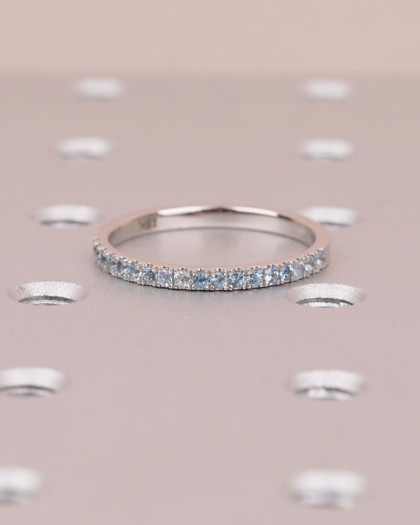 18k Solid Gold Stackable Ring, Aquamarine Half Eternity Wedding Band, Gemstone Ring image #6