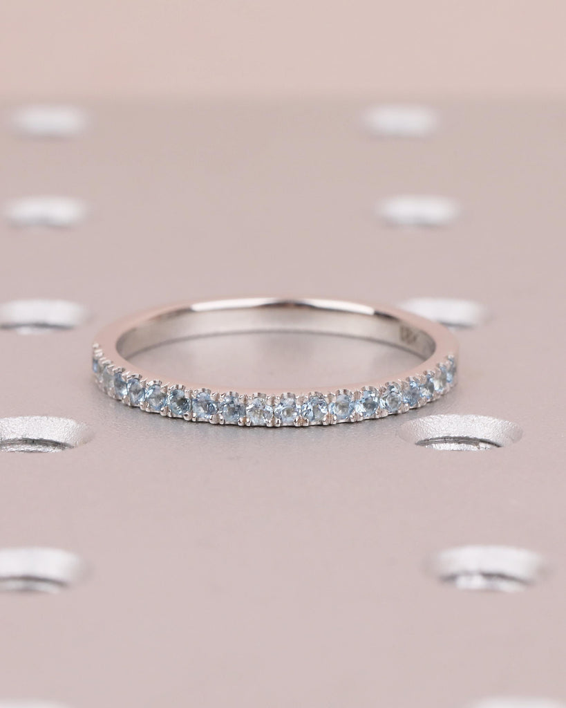 18k Solid Gold Stackable Ring, Aquamarine Half Eternity Wedding Band, Gemstone Ring image #2