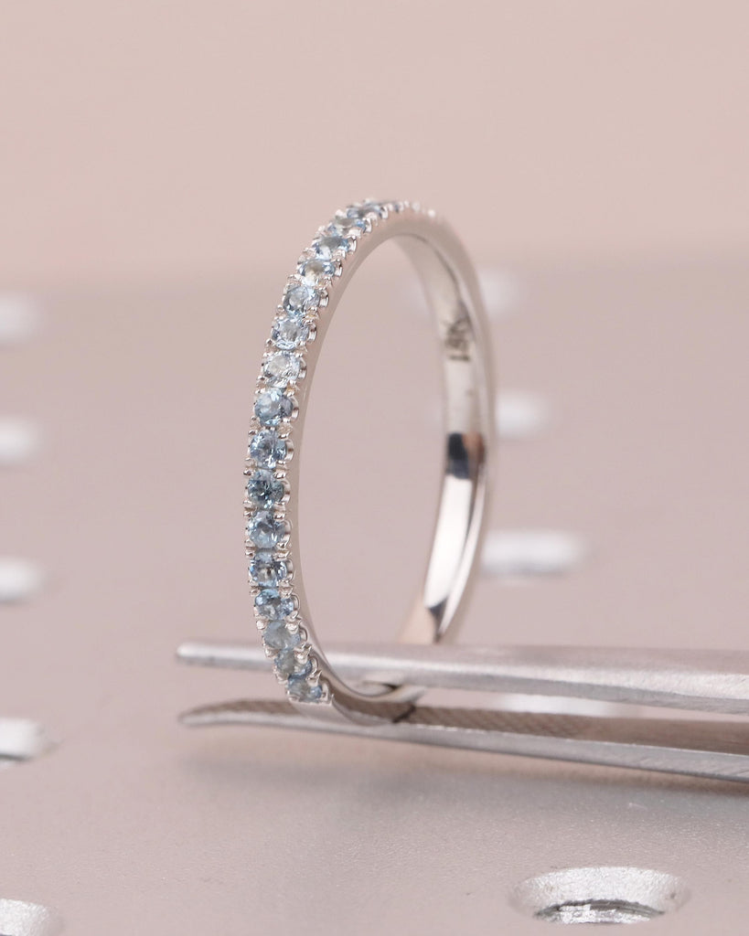 18k Solid Gold Stackable Ring, Aquamarine Half Eternity Wedding Band, Gemstone Ring image #1