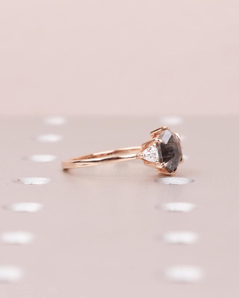 Hexagon Salt & Pepper Diamond Engagement Ring / 14K Yellow Rose White Gold / Trillion Cut Accents / Gray Black Diamond Ring / Bridal Jewelry image #5
