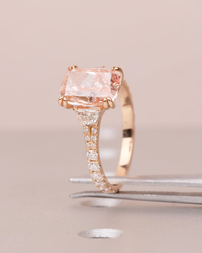 Bridal Ring Set, Cushion Cut Pink Lab Grown Diamond Engagement Ring with Moissanite Accents image #19