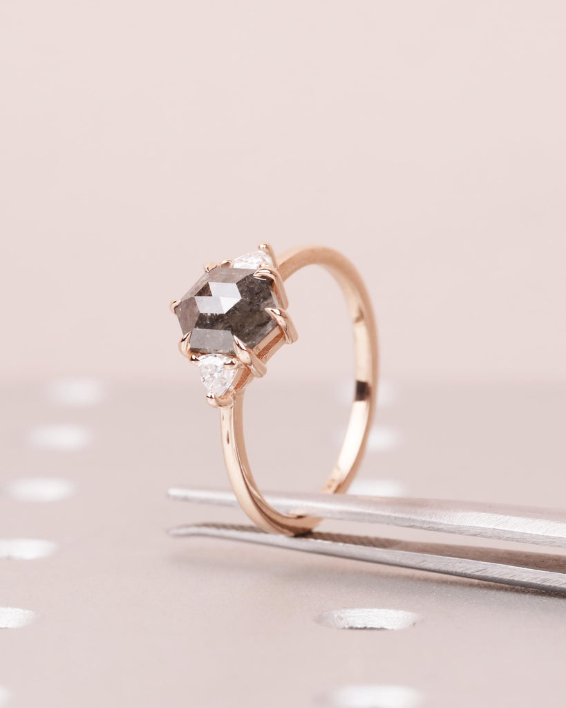 Hexagon Salt & Pepper Diamond Engagement Ring / 14K Yellow Rose White Gold / Trillion Cut Accents / Gray Black Diamond Ring / Bridal Jewelry