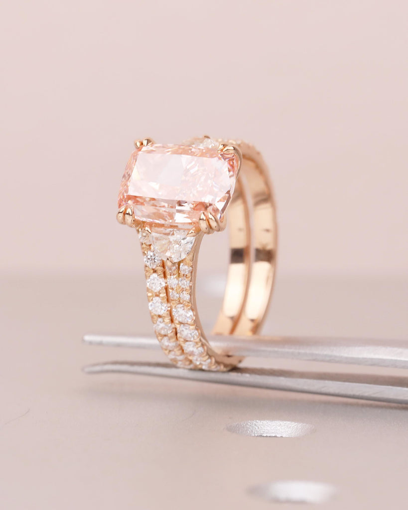 Bridal Ring Set, Cushion Cut Pink Lab Grown Diamond Engagement Ring with Moissanite Accents image #6