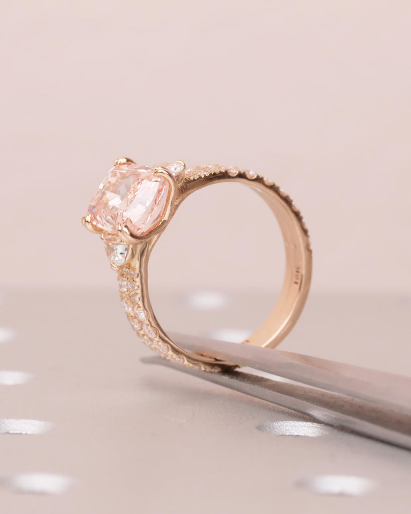 Bridal Ring Set, Cushion Cut Pink Lab Grown Diamond Engagement Ring with Moissanite Accents image #14