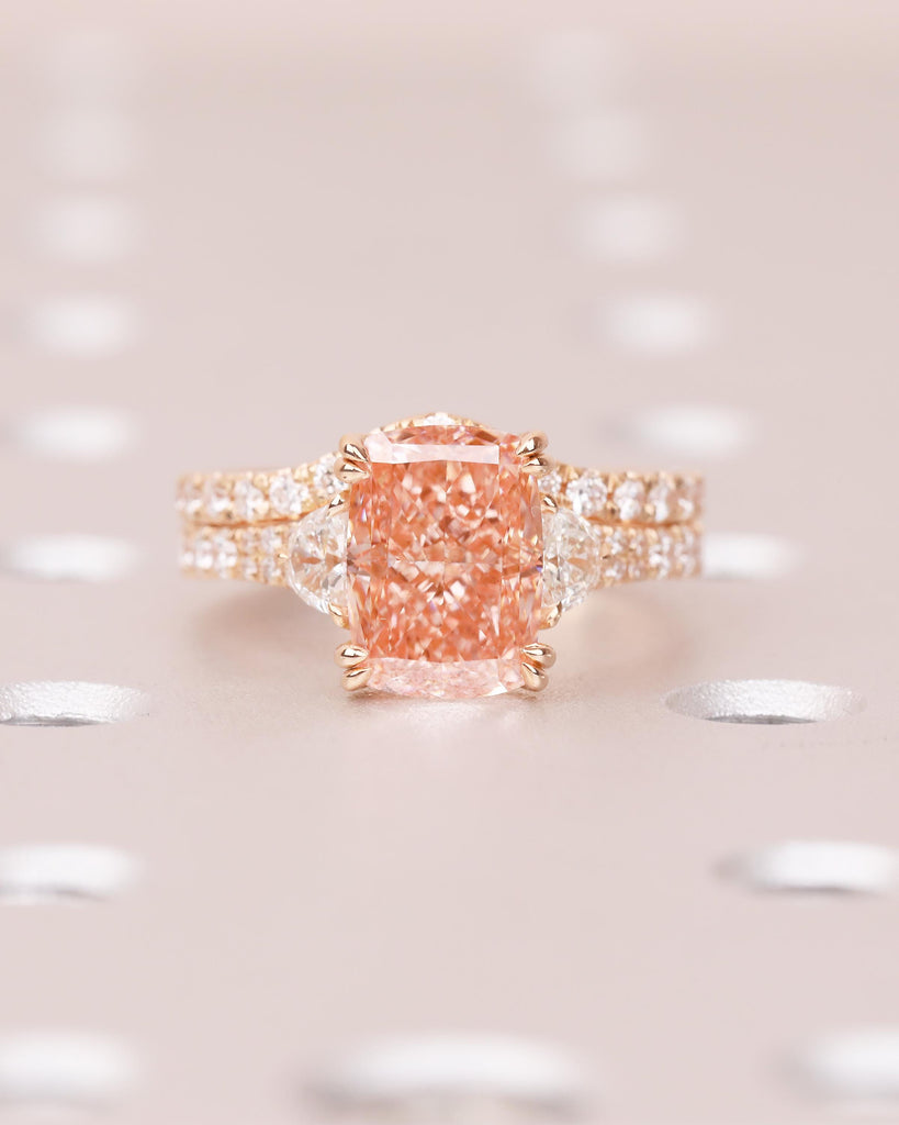 Bridal Ring Set, Cushion Cut Pink Lab Grown Diamond Engagement Ring with Moissanite Accents image #16