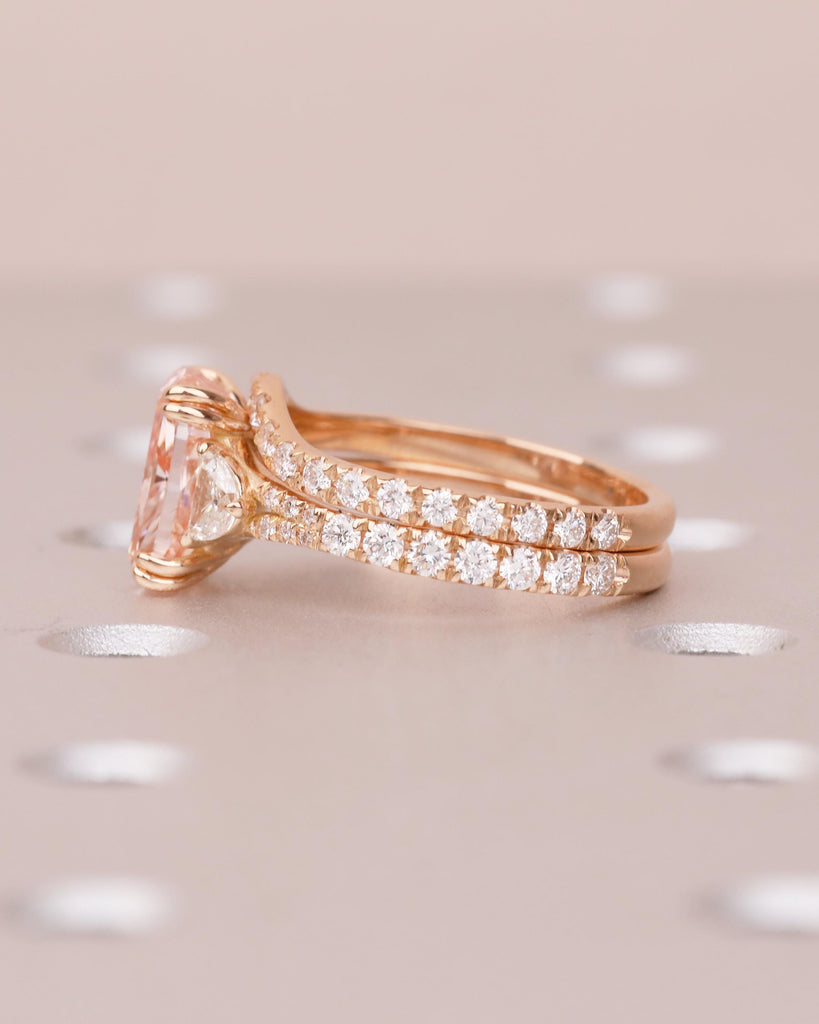 Bridal Ring Set, Cushion Cut Pink Lab Grown Diamond Engagement Ring with Moissanite Accents image #5