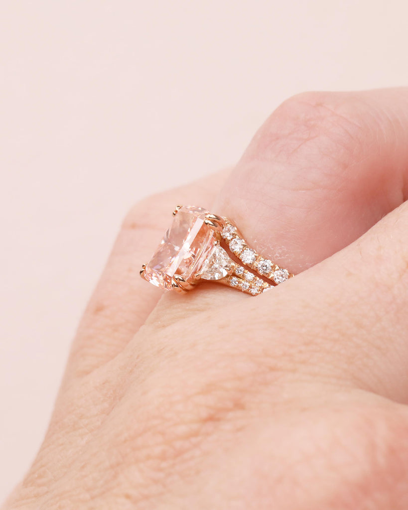 Bridal Ring Set, Cushion Cut Pink Lab Grown Diamond Engagement Ring with Moissanite Accents image #17