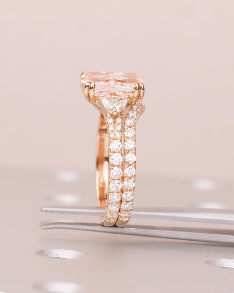 Bridal Ring Set, Cushion Cut Pink Lab Grown Diamond Engagement Ring with Moissanite Accents image #7