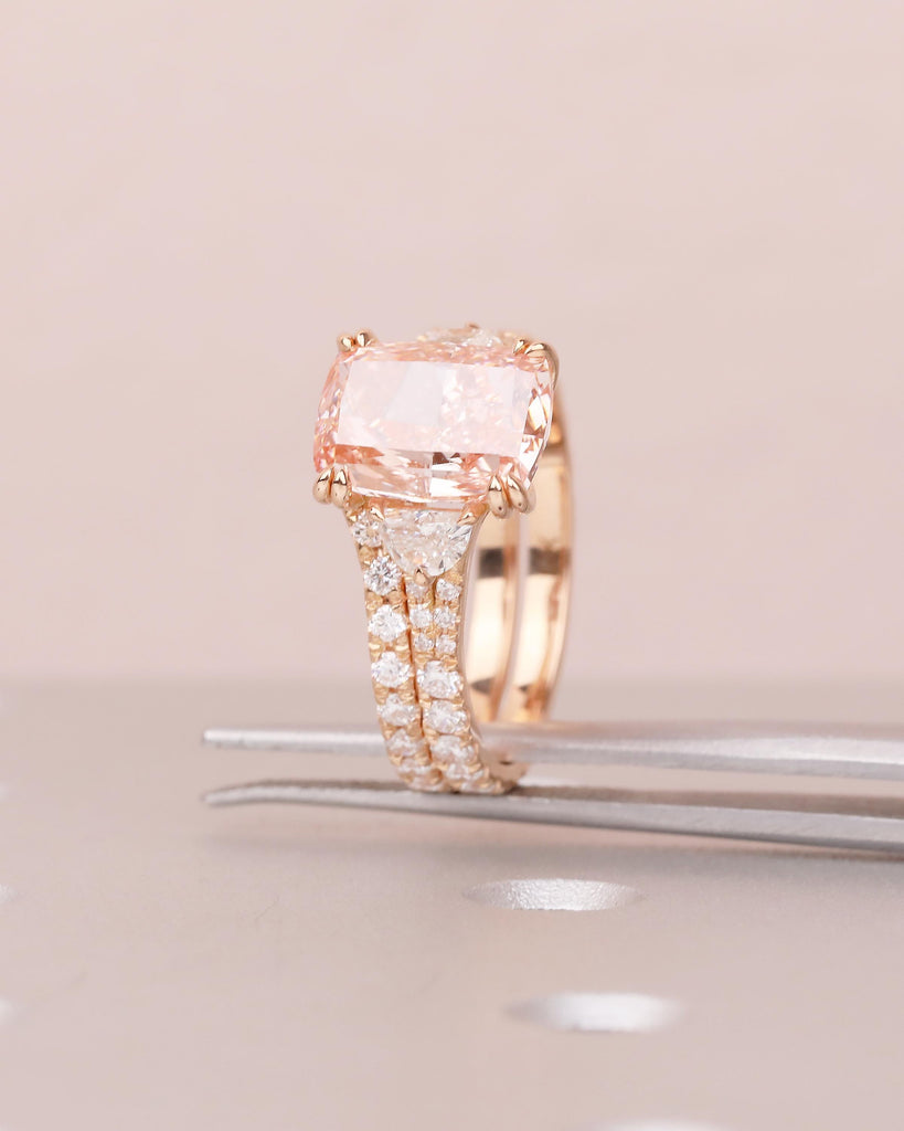 Bridal Ring Set, Cushion Cut Pink Lab Grown Diamond Engagement Ring with Moissanite Accents image #3