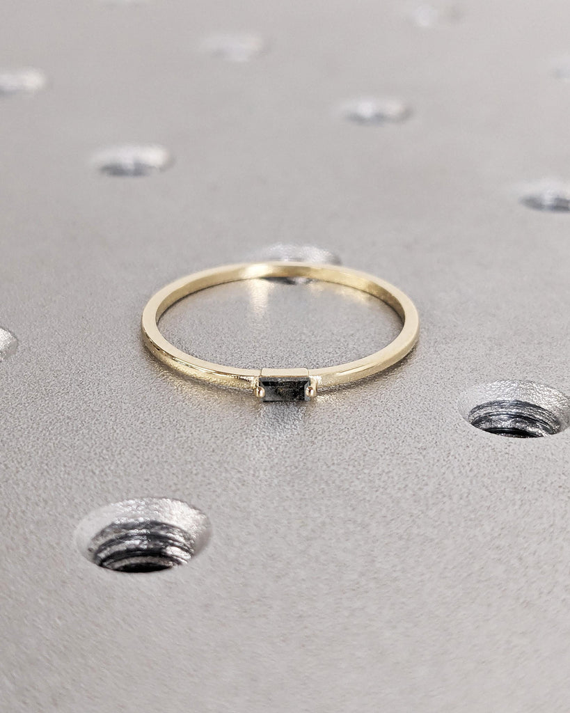 Salt and Pepper Diamond Baguette Ring, 14K Solid Gold, 1.1MM Thin Wedding Band, Dainty Gold Ring, Minimalist Stacking Ring, Rings for Women image #4