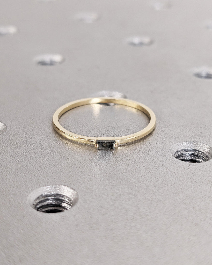 Dainty Baguette Diamond Ring: Salt and Pepper Diamond, 14K Solid Gold, 1.1MM Thin, Minimalist Stackable Ring, Women's Wedding Band image #3