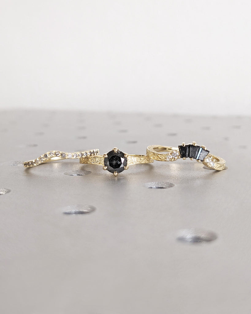 Antique Bridal Ring Set | Salt and Pepper Diamond Vintage Filigree Engagement Ring Set | Art Deco 3 Piece Bridal Set | 14K Solid Yellow Gold image #4