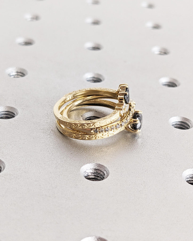 Antique Bridal Ring Set | Salt and Pepper Diamond Vintage Filigree Engagement Ring Set | Art Deco 3 Piece Bridal Set | 14K Solid Yellow Gold image #10