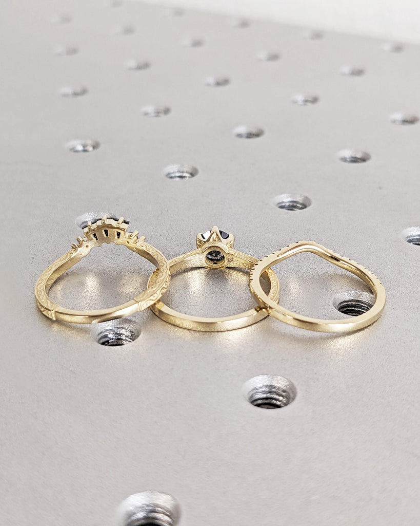 Antique Bridal Ring Set | Salt and Pepper Diamond Vintage Filigree Engagement Ring Set | Art Deco 3 Piece Bridal Set | 14K Solid Yellow Gold image #6