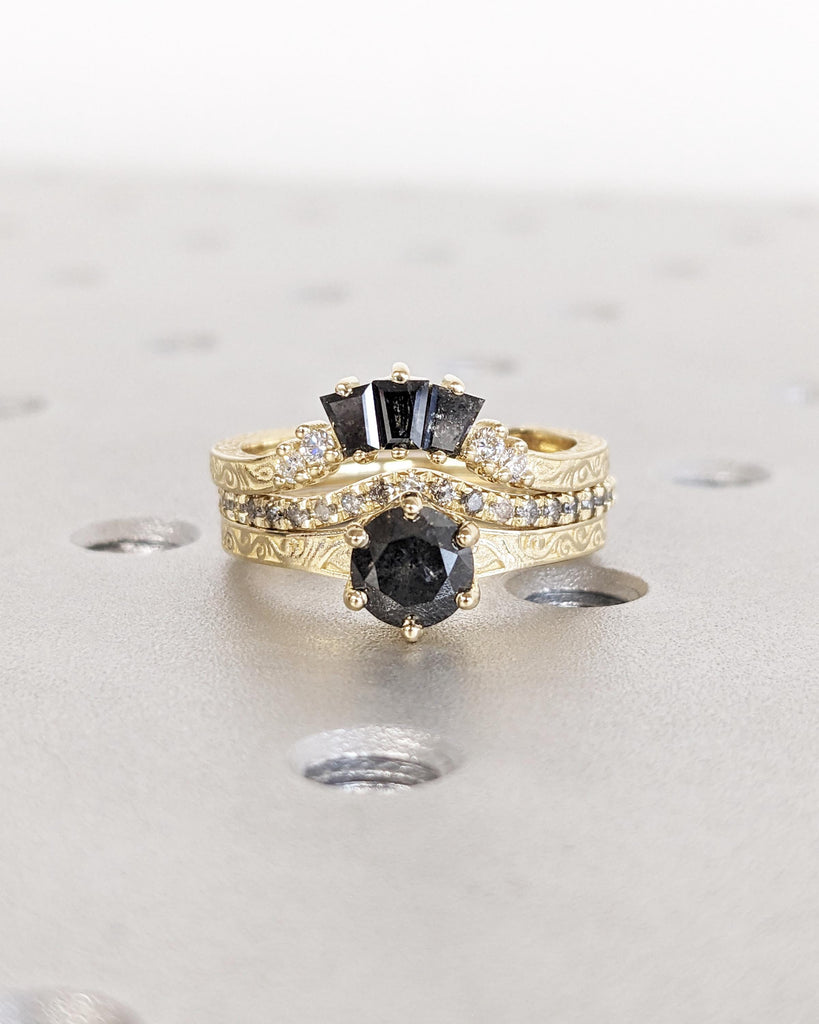 Antique Bridal Ring Set | Salt and Pepper Diamond Vintage Filigree Engagement Ring Set | Art Deco 3 Piece Bridal Set | 14K Solid Yellow Gold image #3