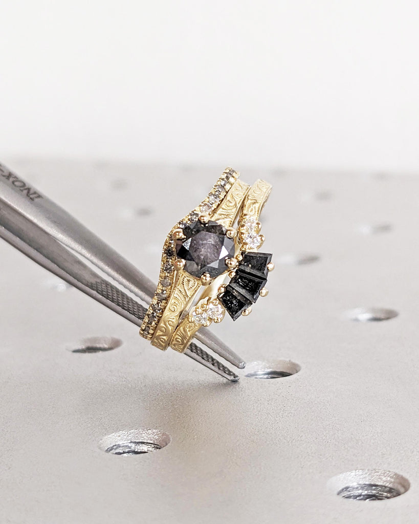 Antique Bridal Ring Set | Salt and Pepper Diamond Vintage Filigree Engagement Ring Set | Art Deco 3 Piece Bridal Set | 14K Solid Yellow Gold image #8