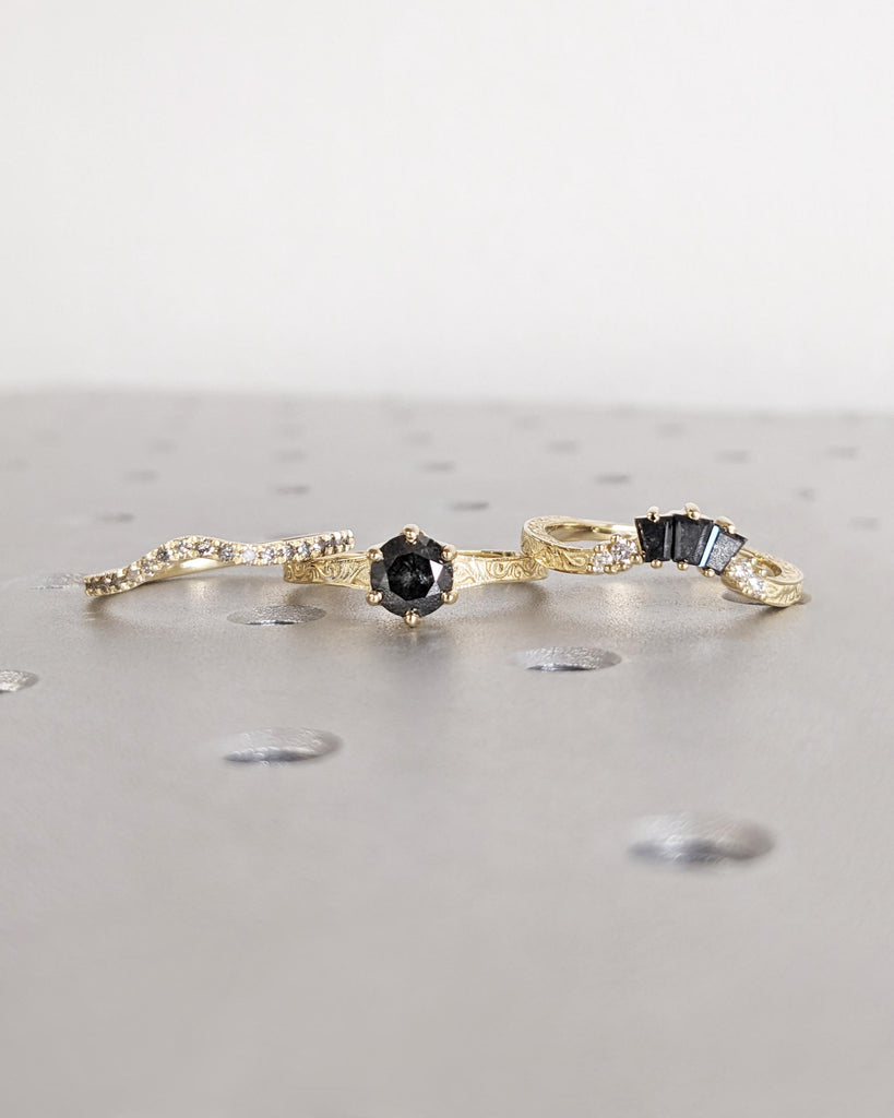 3pc Round Salt and Pepper Diamond Engagement Ring Set, Solid Gold Vintage Filigree Art Deco Bridal Set, Moissanite and Diamond Wedding Bands