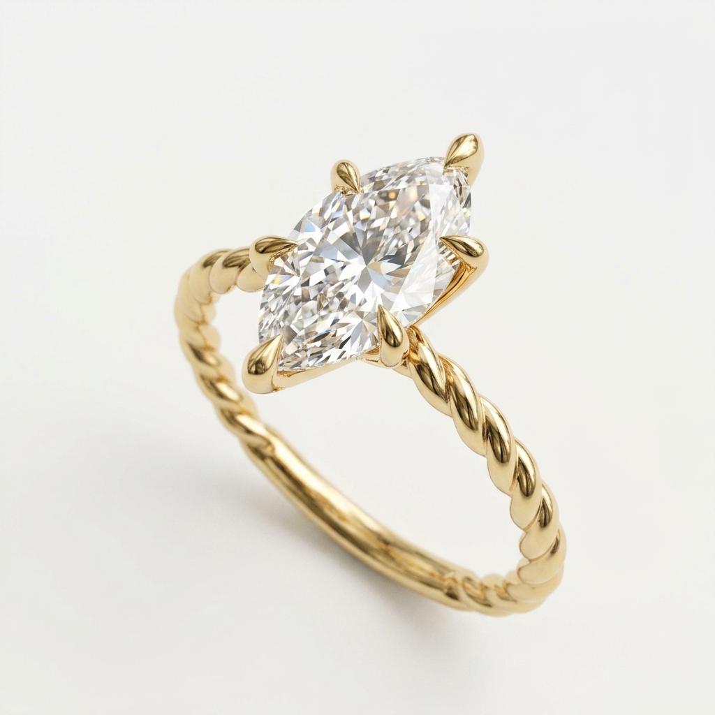 Marquise Moissanite Solitaire Engagement Ring | Solid Gold Twisted Rope Ring | Simple Promise Ring for Her | High End Bridal Jewelry Gift image #3