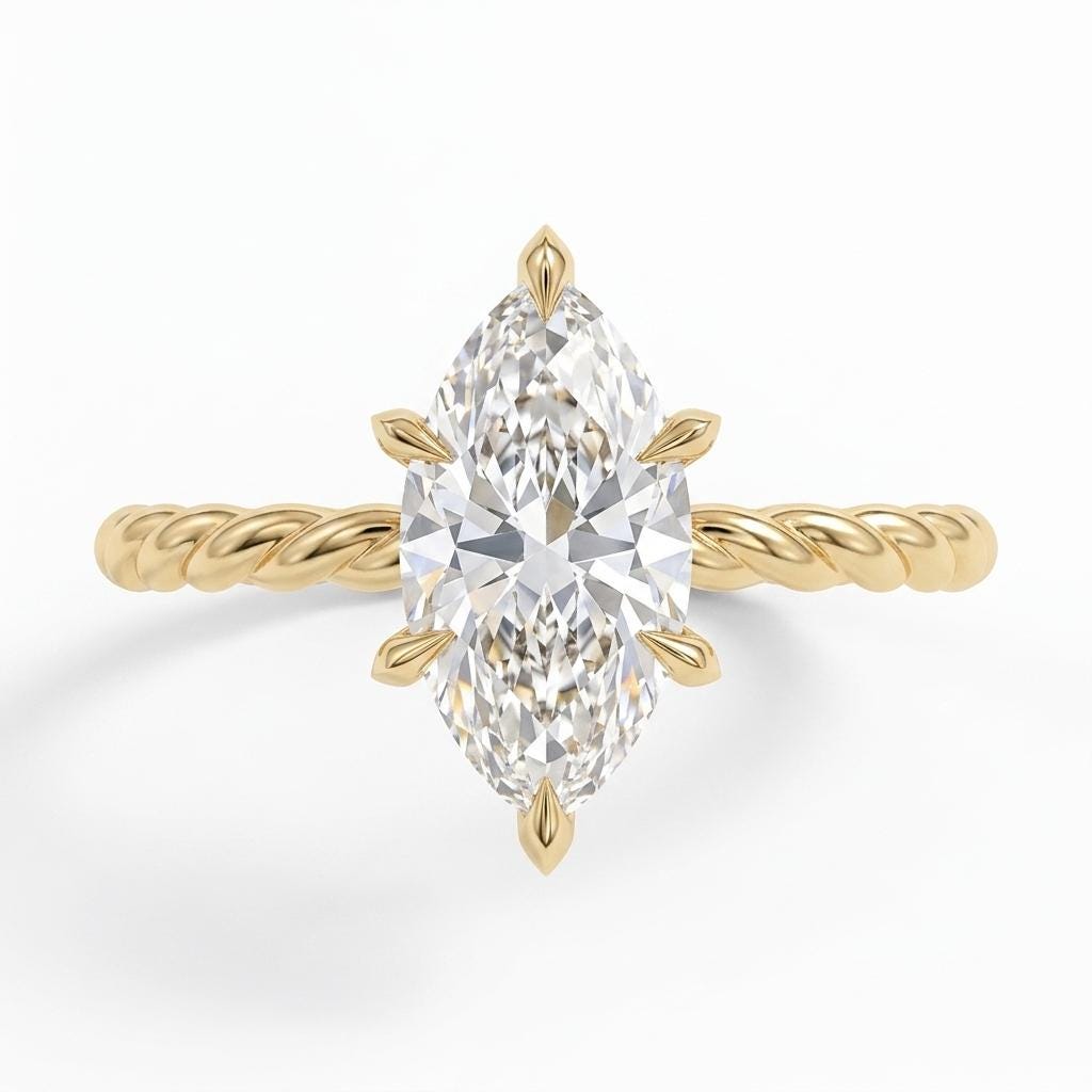 Marquise Moissanite Solitaire Engagement Ring | Solid Gold Twisted Rope Ring | Simple Promise Ring for Her | High End Bridal Jewelry Gift