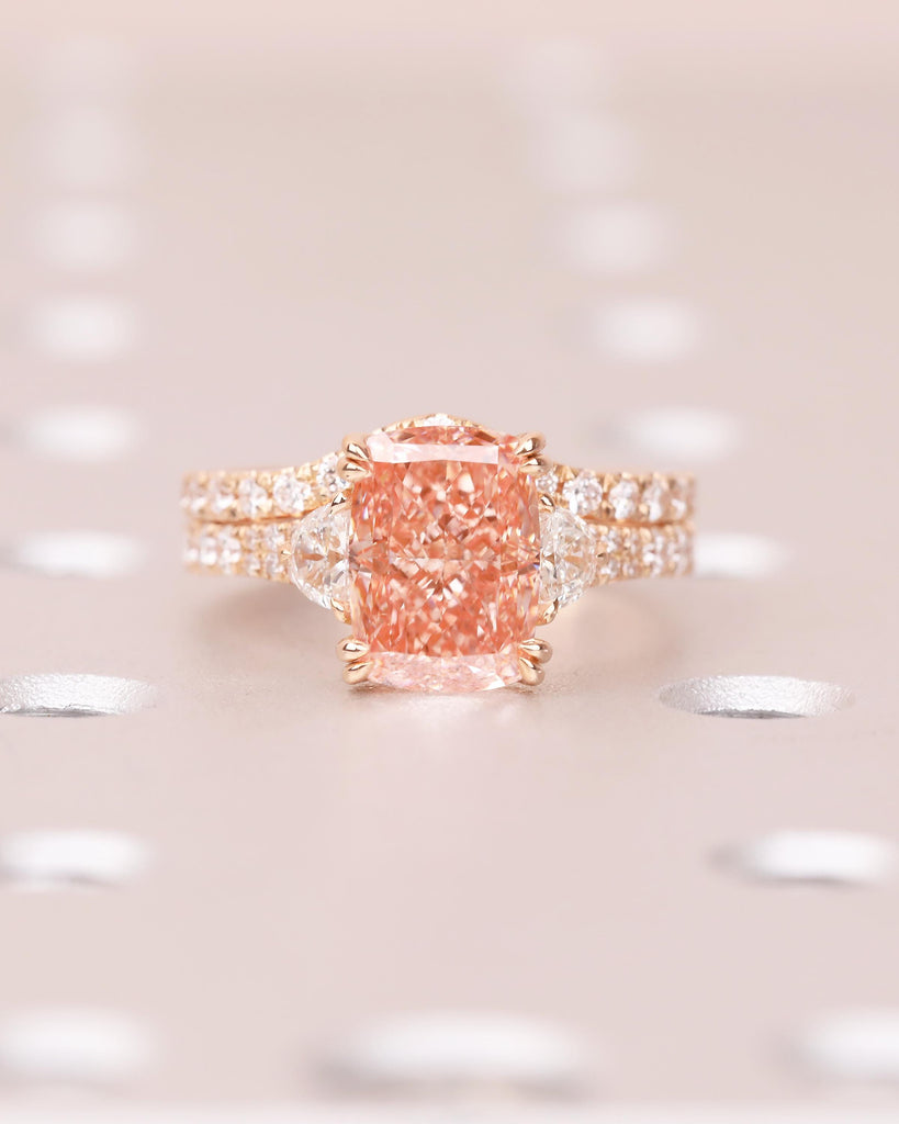 Bridal Ring Set, Cushion Cut Pink Lab Grown Diamond Engagement Ring with Moissanite Accents image #2
