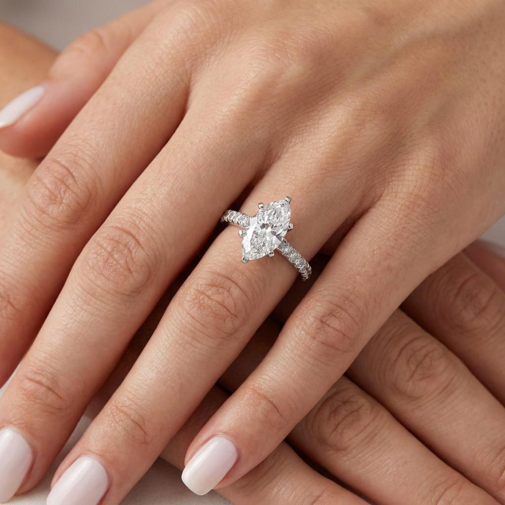 Marquise Engagement Ring, 14k White Gold Moissanite Eternity Ring, Art Deco Promise Rings for Women, Unique Personalized Handmade Jewelry image #2