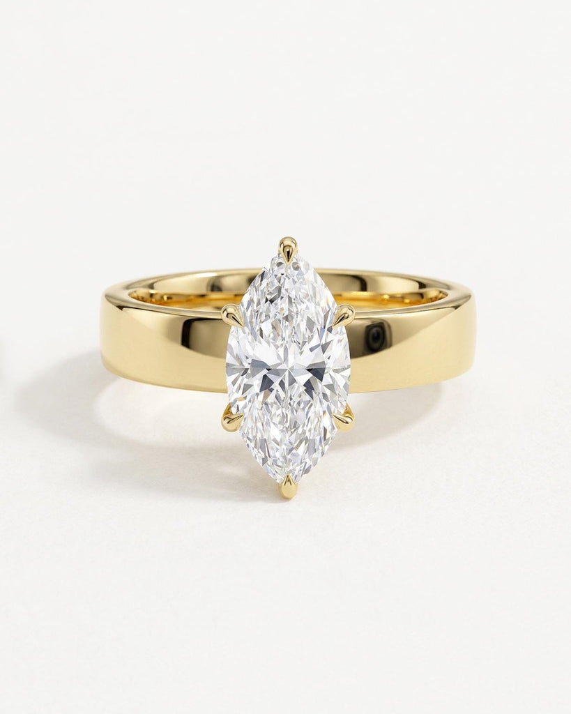 Marquise Cut Moissanite Engagement Ring | 14k Yellow Gold Solitaire Engagement Ring | 4mm Cigar Band Ring | Thick Band Ring | Gift for Women image #3