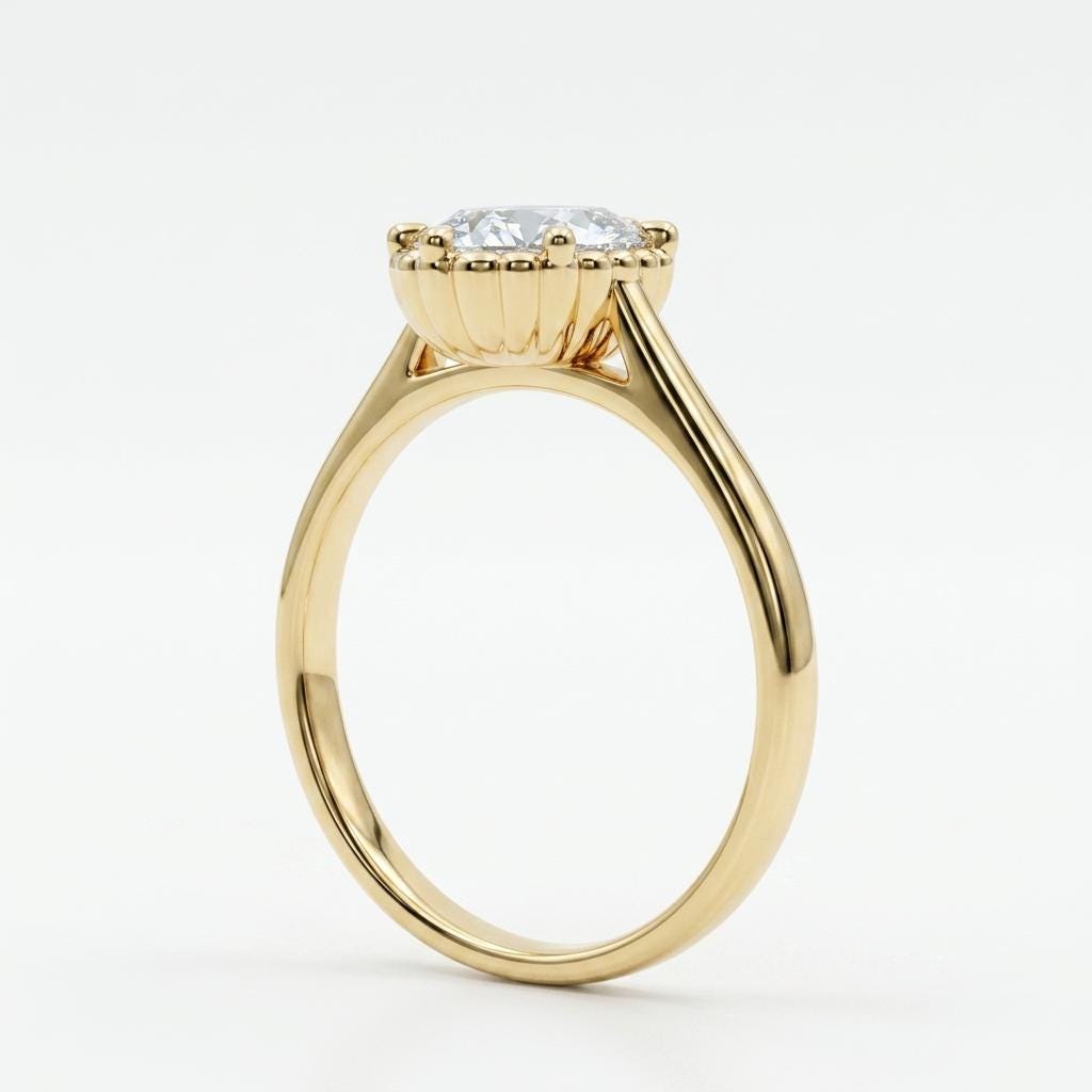 Oval Moissanite Gold Shell Ring | Unique Scallop Bezel set Custom Engagement Rings for Women | Wedding Anniversary Gift image #3