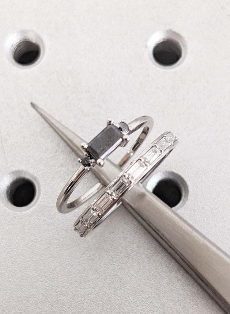 Personalized Baguette Salt and Pepper Diamond Bridal Set, Moissanite Wedding Band, Platinum Ring