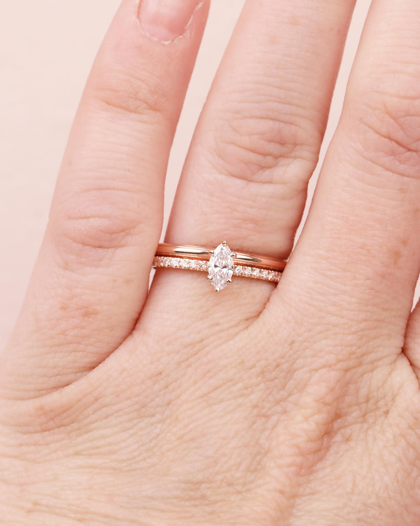 Rose Gold Wedding Ring Set, Lab Diamond Engagement Ring Set, Marquise Solitaire, Women's Wedding Band, Stacking Rings