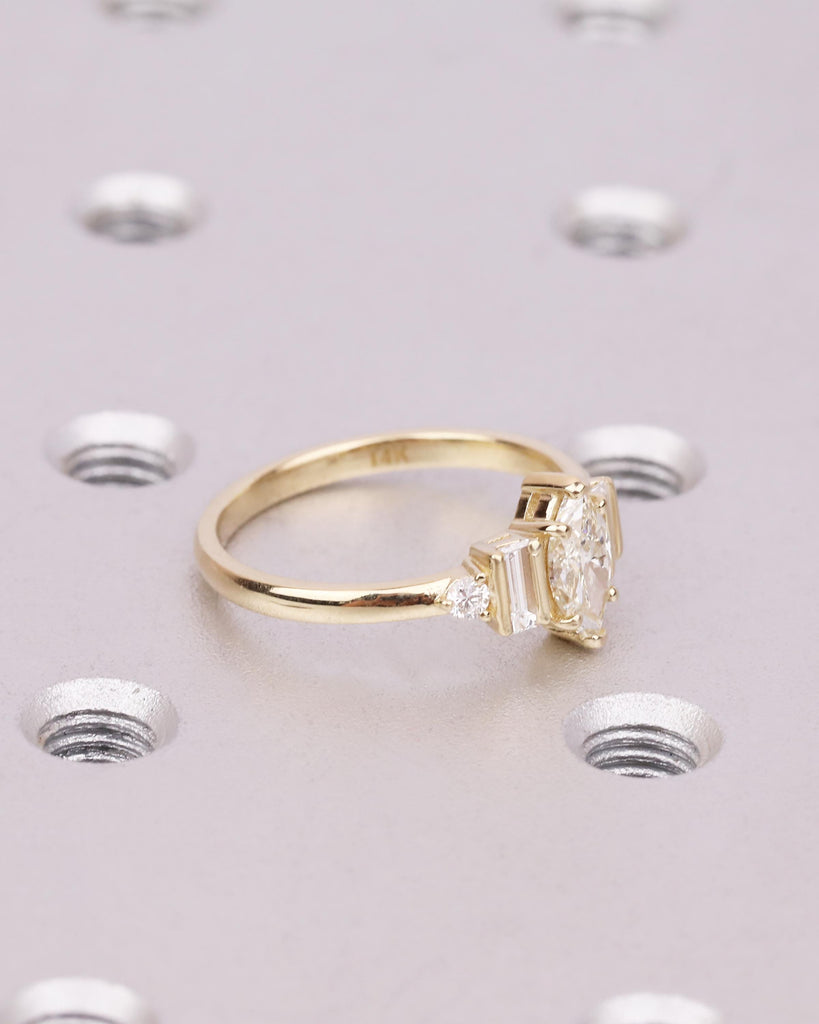 Marquise Moissanite Ring, Gold Vintage Style Engagement Ring, Round & Baguette Ring, Multi Stone Ring, Wedding Anniversary Gift image #7