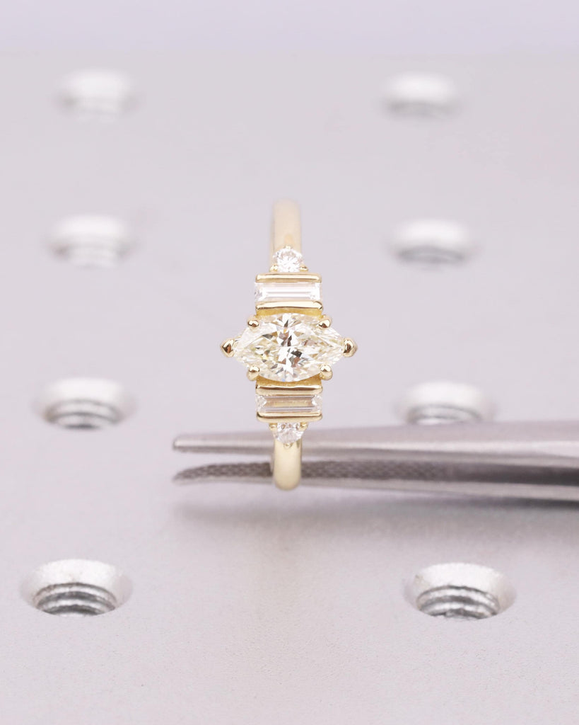 Marquise Moissanite Ring, Gold Vintage Style Engagement Ring, Round & Baguette Ring, Multi Stone Ring, Wedding Anniversary Gift image #4