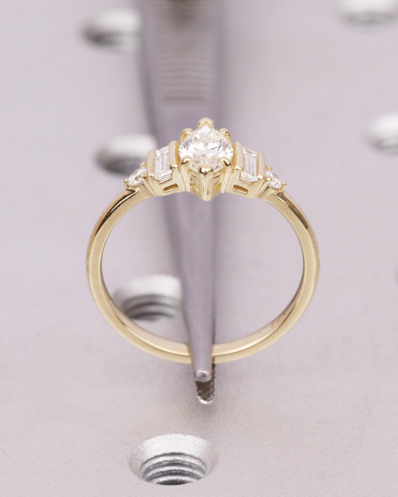 Marquise Moissanite Ring, Gold Vintage Style Engagement Ring, Round & Baguette Ring, Multi Stone Ring, Wedding Anniversary Gift image #6