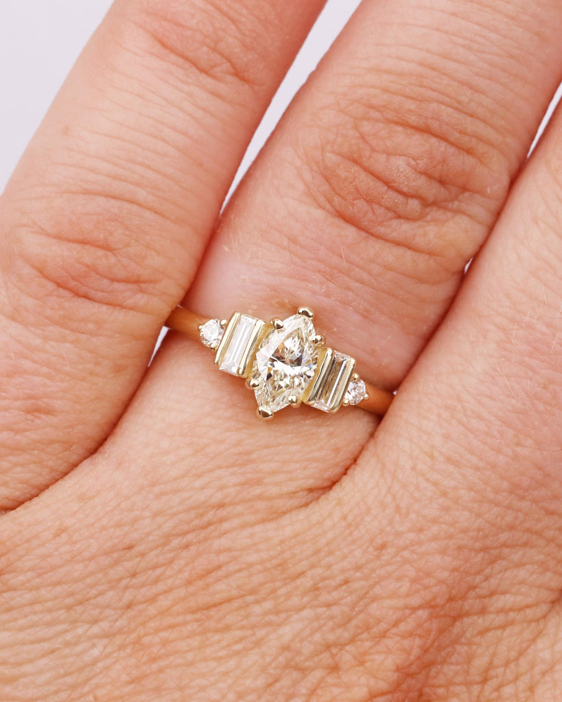 Marquise Moissanite Engagement Ring, Baguette Cut and Round Accents, Yellow Gold Ring, 5 Stone Ring, Unique Promise Ring, Anniversary Gift image #10
