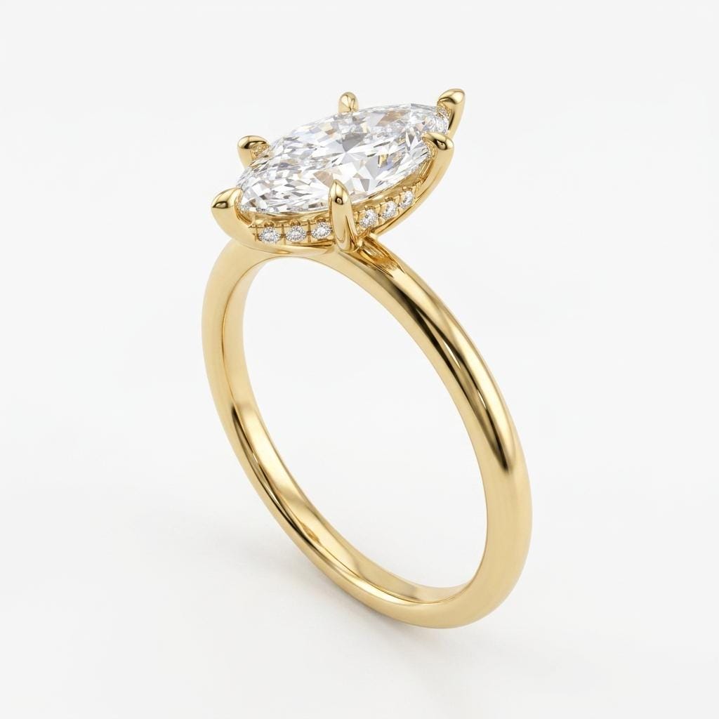 1.5 Carat Marquise Lab Diamond Ring, Hidden Halo Engagement Ring, 14K Yellow Gold Wedding Ring, Sustainable Lab Diamond Jewelry