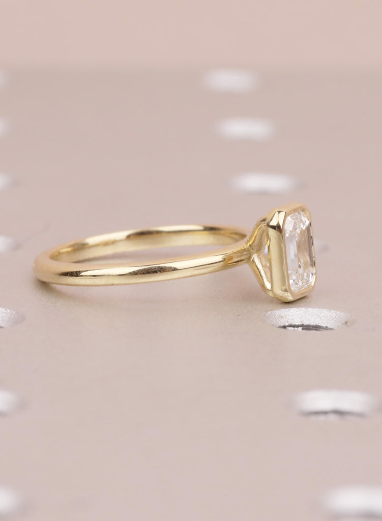 Gold Bezel Emerald Cut Moissanite Engagement Ring | Minimalist Solitaire Ring for Women | Anniversary Gift | 14K Solid Yellow Gold Ring image #2