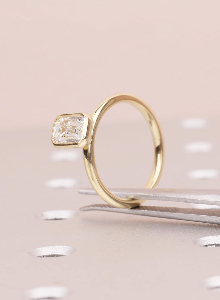 Emerald Cut Moissanite Bezel Ring, Gold Solitaire Engagement Ring, Anniversary Gift for Her image #12