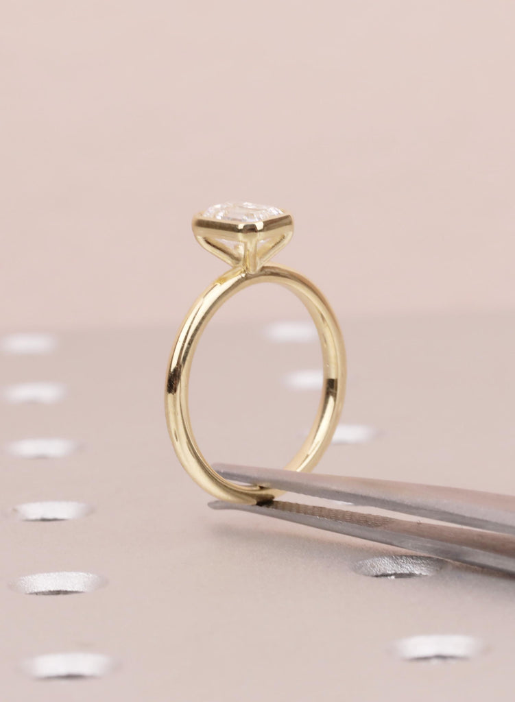 Emerald Cut Moissanite Bezel Ring, Gold Solitaire Engagement Ring, Anniversary Gift for Her image #11