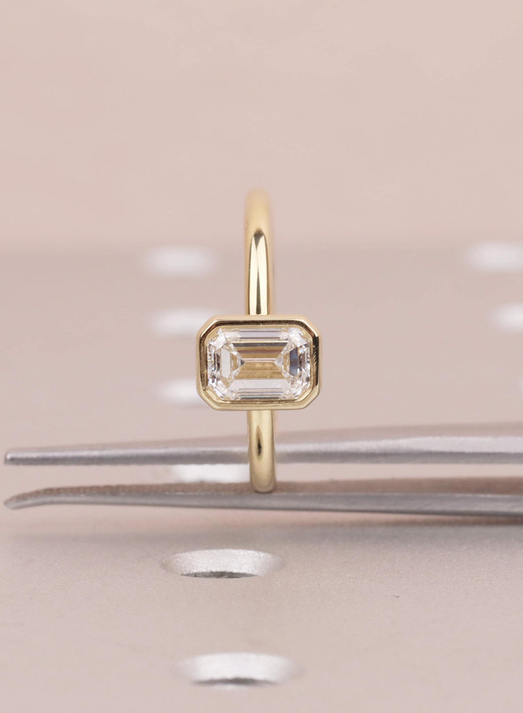 Gold Bezel Emerald Cut Moissanite Engagement Ring | Minimalist Solitaire Ring for Women | Anniversary Gift | 14K Solid Yellow Gold Ring image #8