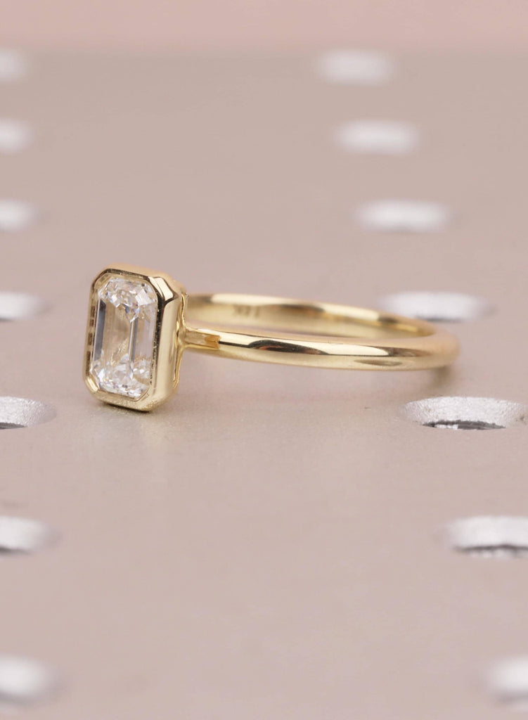 Gold Bezel Emerald Cut Moissanite Engagement Ring | Minimalist Solitaire Ring for Women | Anniversary Gift | 14K Solid Yellow Gold Ring image #6