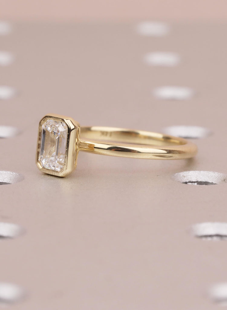 Emerald Cut Moissanite Bezel Ring, Gold Solitaire Engagement Ring, Anniversary Gift for Her image #7