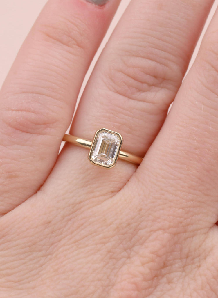 Gold Bezel Emerald Cut Moissanite Engagement Ring | Minimalist Solitaire Ring for Women | Anniversary Gift | 14K Solid Yellow Gold Ring image #14