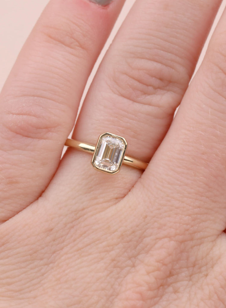 Emerald Cut Moissanite Bezel Ring, Gold Solitaire Engagement Ring, Anniversary Gift for Her image #14