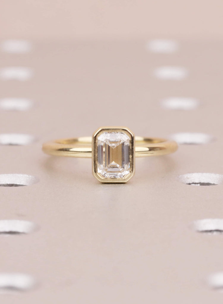 Gold Bezel Emerald Cut Moissanite Engagement Ring | Minimalist Solitaire Ring for Women | Anniversary Gift | 14K Solid Yellow Gold Ring image #15