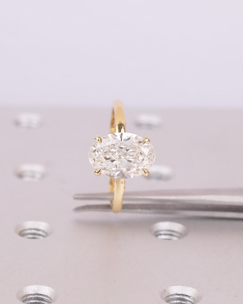 Oval Lab Diamond Engagement Ring, Hidden Halo 18k Gold, Solitaire Statement Ring image #4