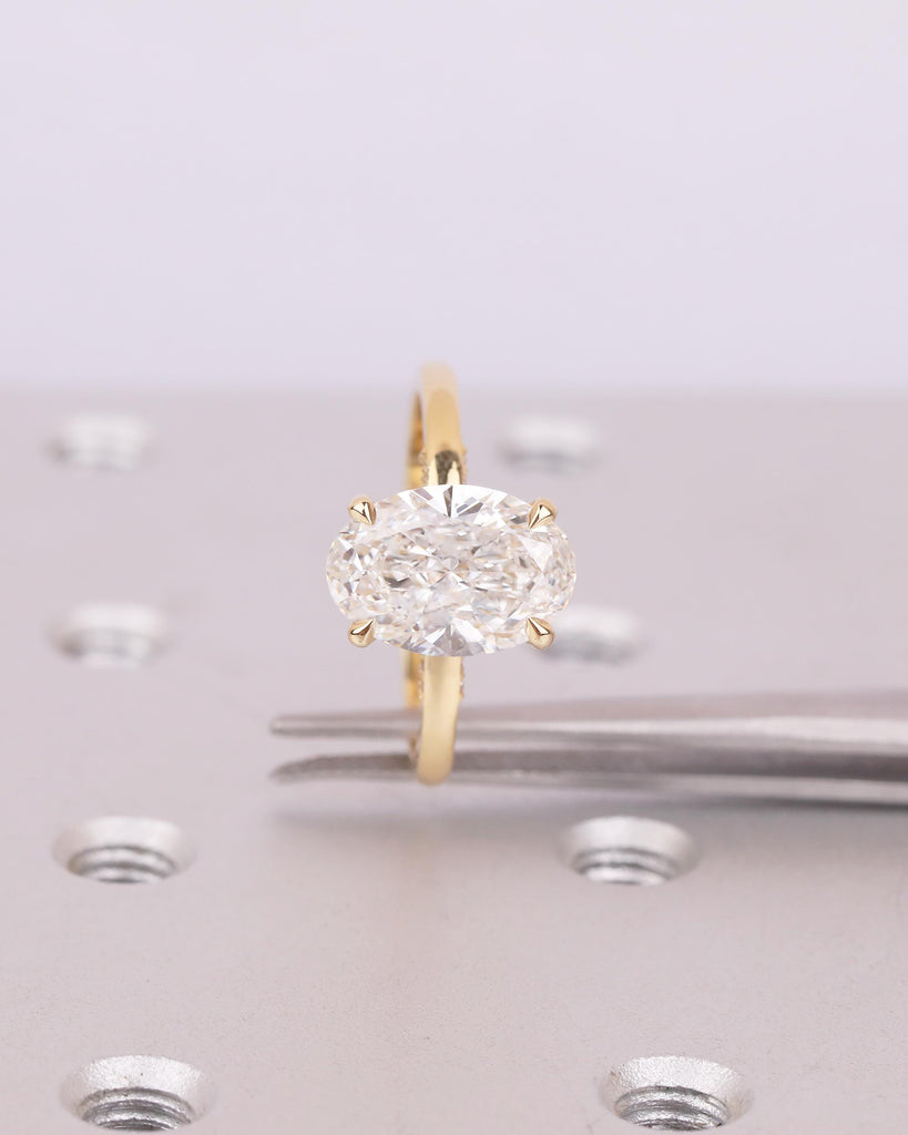 Oval Lab Diamond Engagement Ring, Hidden Halo 18k Gold, Solitaire Statement Ring image #14